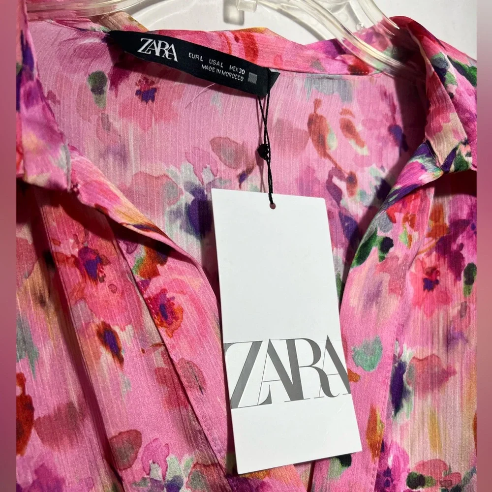 NWT ZARA pink floral print ruffled blouse size L - Picture 6 of 12